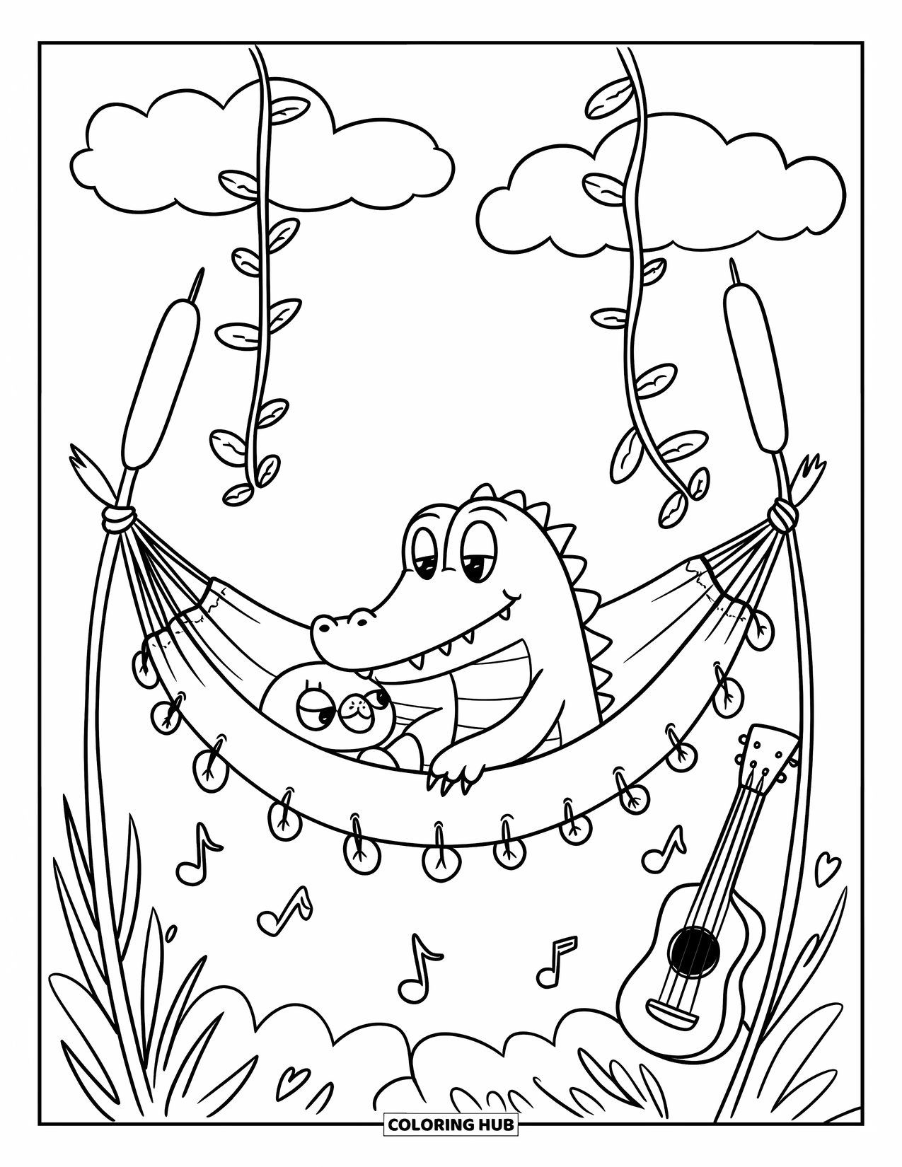 Desenho de crocodilo para colorir para adultos: Crocodilo abraça um brinquedo de pelúcia em uma rede na selva com notas musicais e nuvens rodopiantes