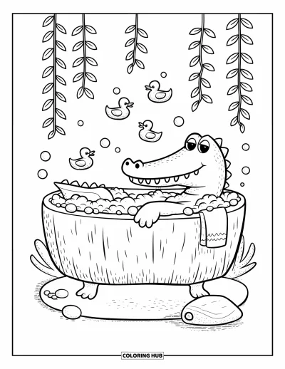 Coloriage Crocodile pour adultes : Un crocodile se trempe dans une baignoire en forme de bûche entourée de bulles, de canards et de vignes feuillues