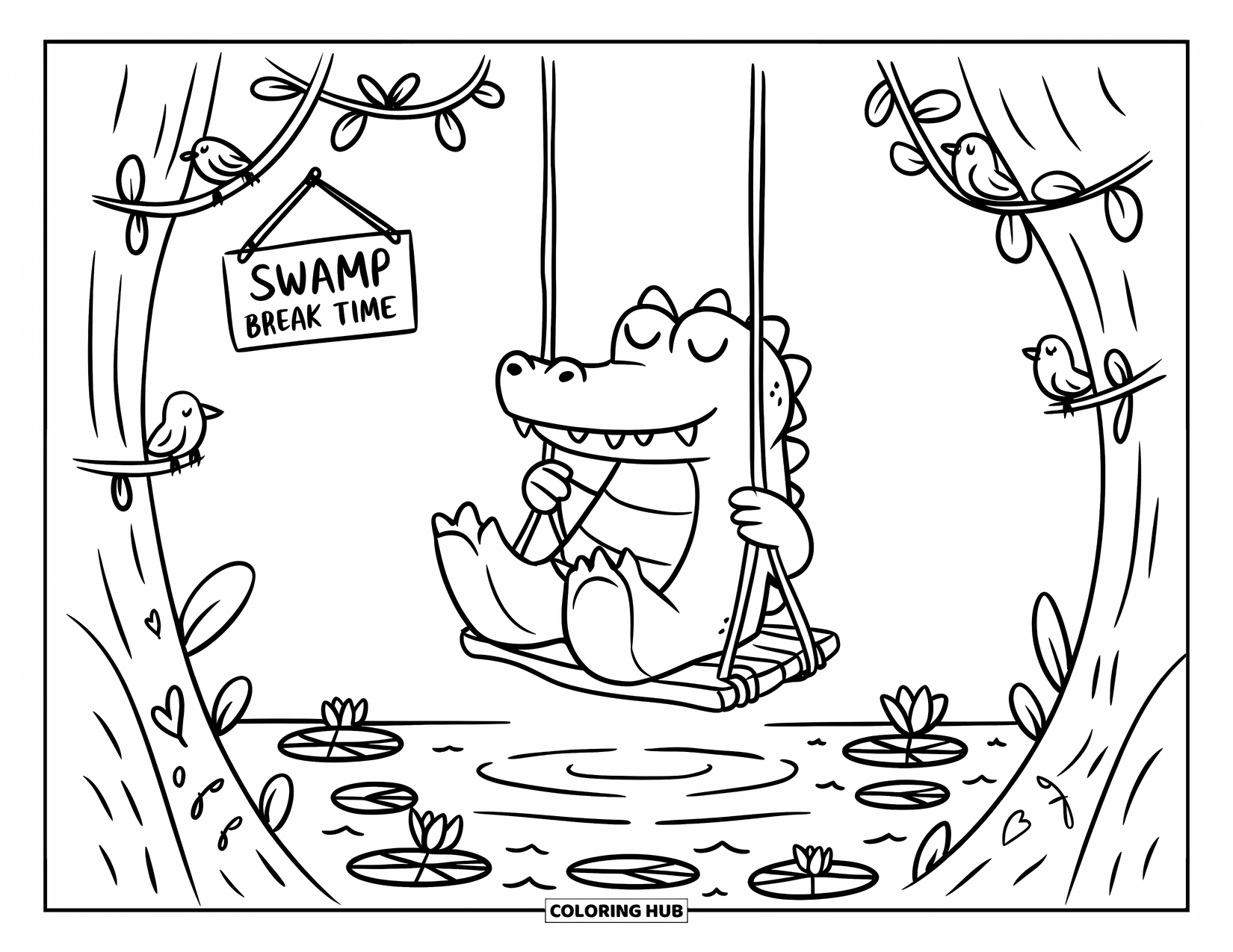 Desenho de crocodilo para colorir para adultos: Crocodilo balança acima da água com pequenos pássaros e uma placa arejada de “Hora da Pausa no Pântano”