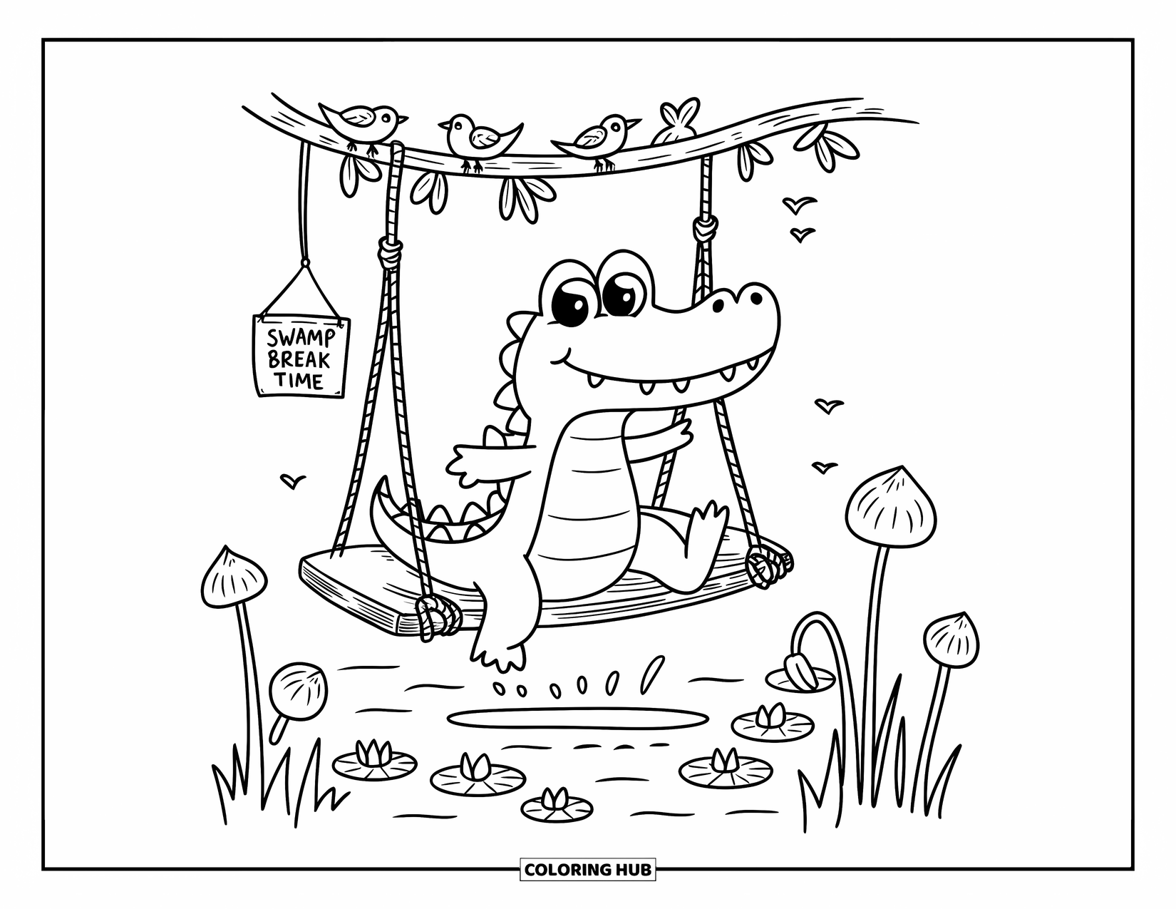 Desenho de crocodilo para colorir para adultos: Crocodilo balança com olhos grandes e pés felizes acima de um pântano cheio de lírios