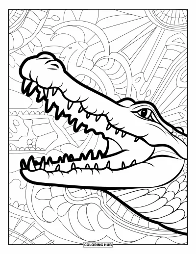 Coloriage de crocodile pour adultes : Un crocodile avec la bouche ouverte est entouré de formes et de motifs tourbillonnants décoratifs