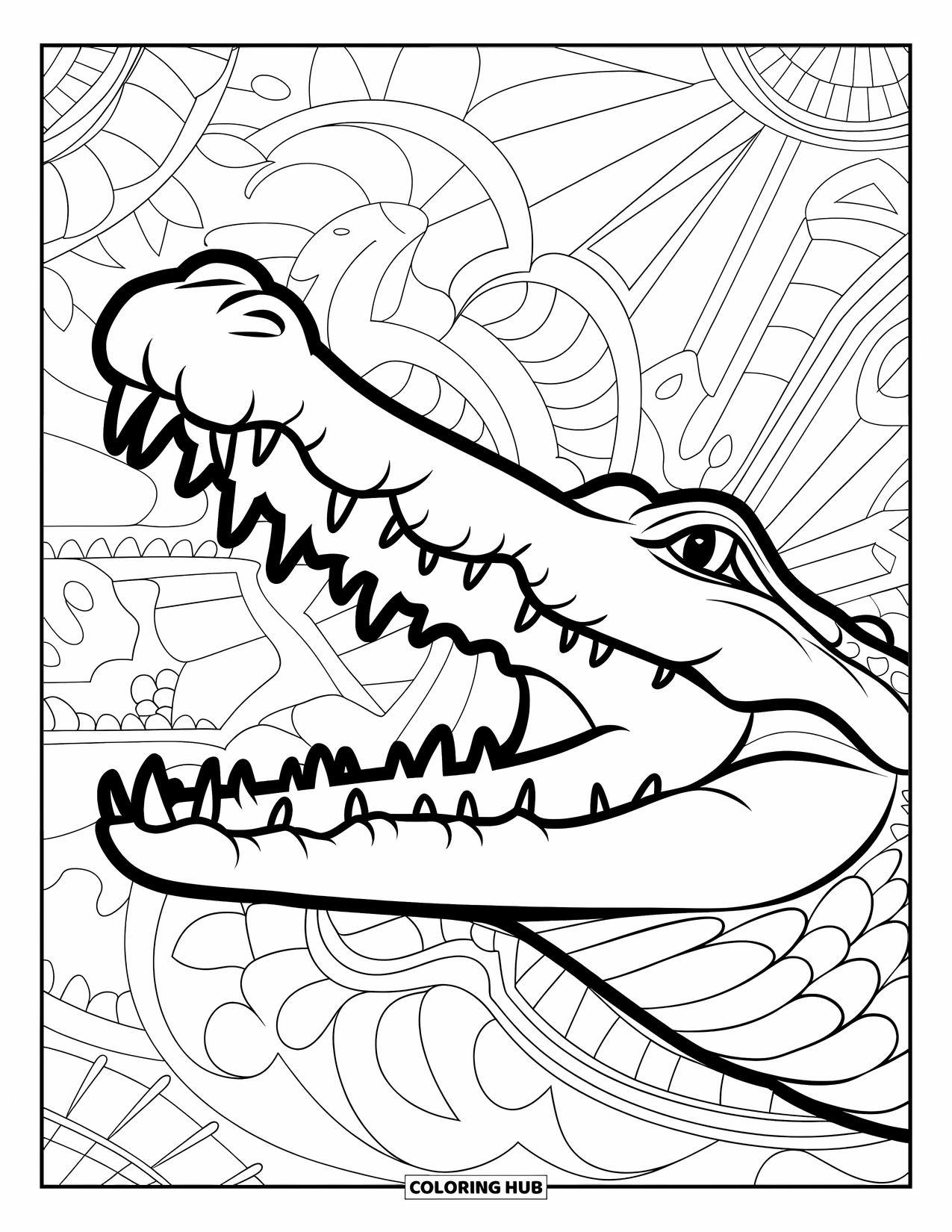 Desenho de crocodilo para colorir para adultos: Crocodilo com a boca aberta é cercado por formas e padrões decorativos rodopiantes