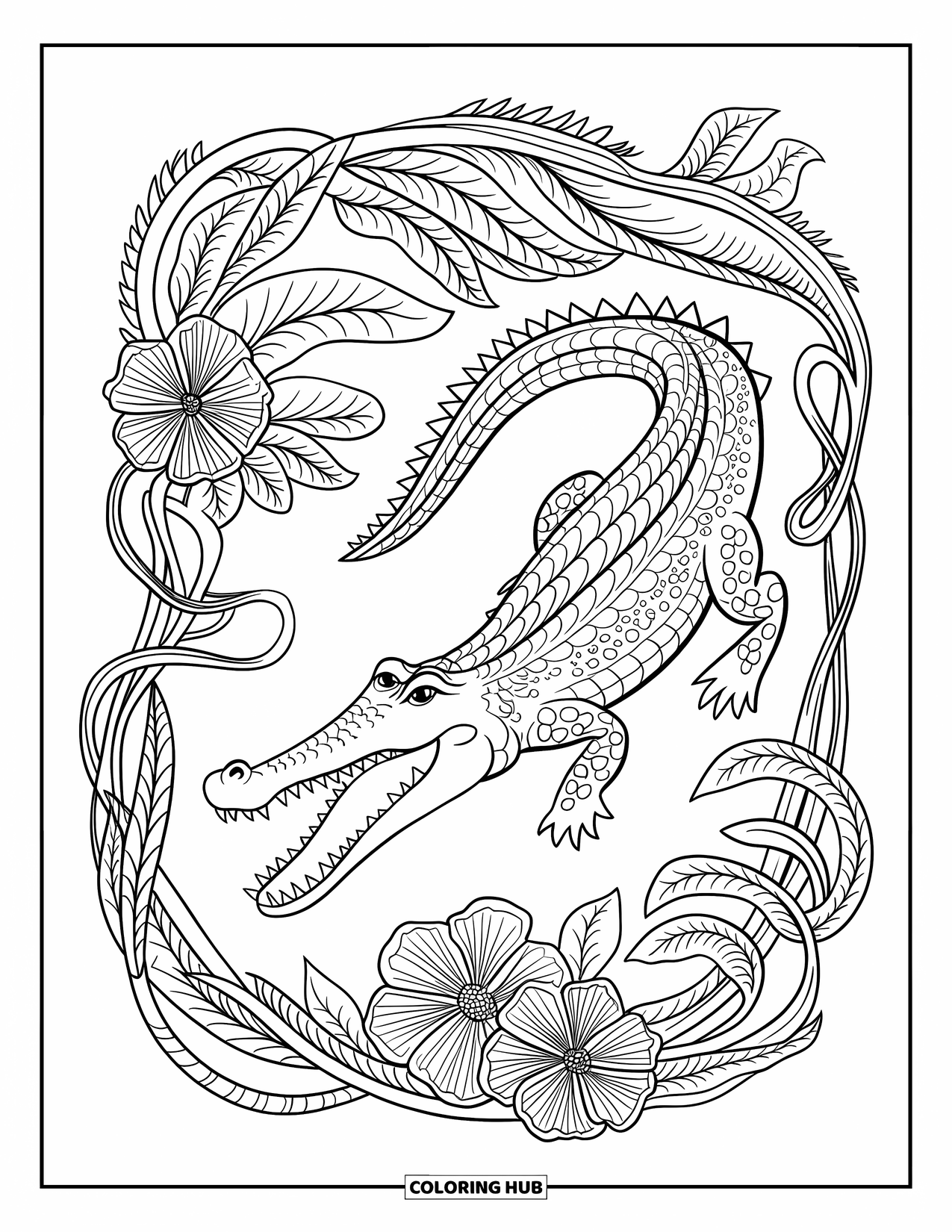 Desenho de crocodilo para colorir para adultos: Crocodilo com a boca aberta está emaranhado em vinhas da selva e flores desabrochando
