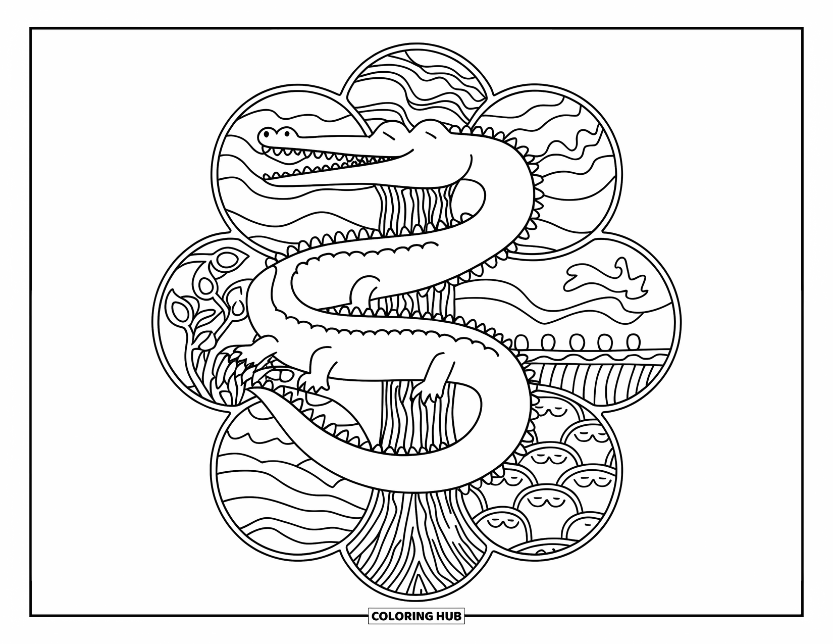 Desenho de crocodilo para colorir para adultos: Crocodilo envolve um tronco de árvore dentro de anéis de padrões florais e de ondas