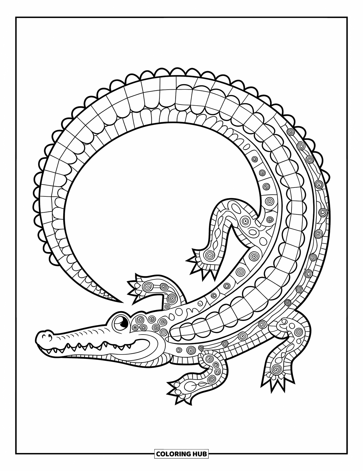 Desenho de crocodilo para colorir para adultos: Crocodilo enrolado é coberto por intrincados padrões de mandala e tem o formato de um círculo
