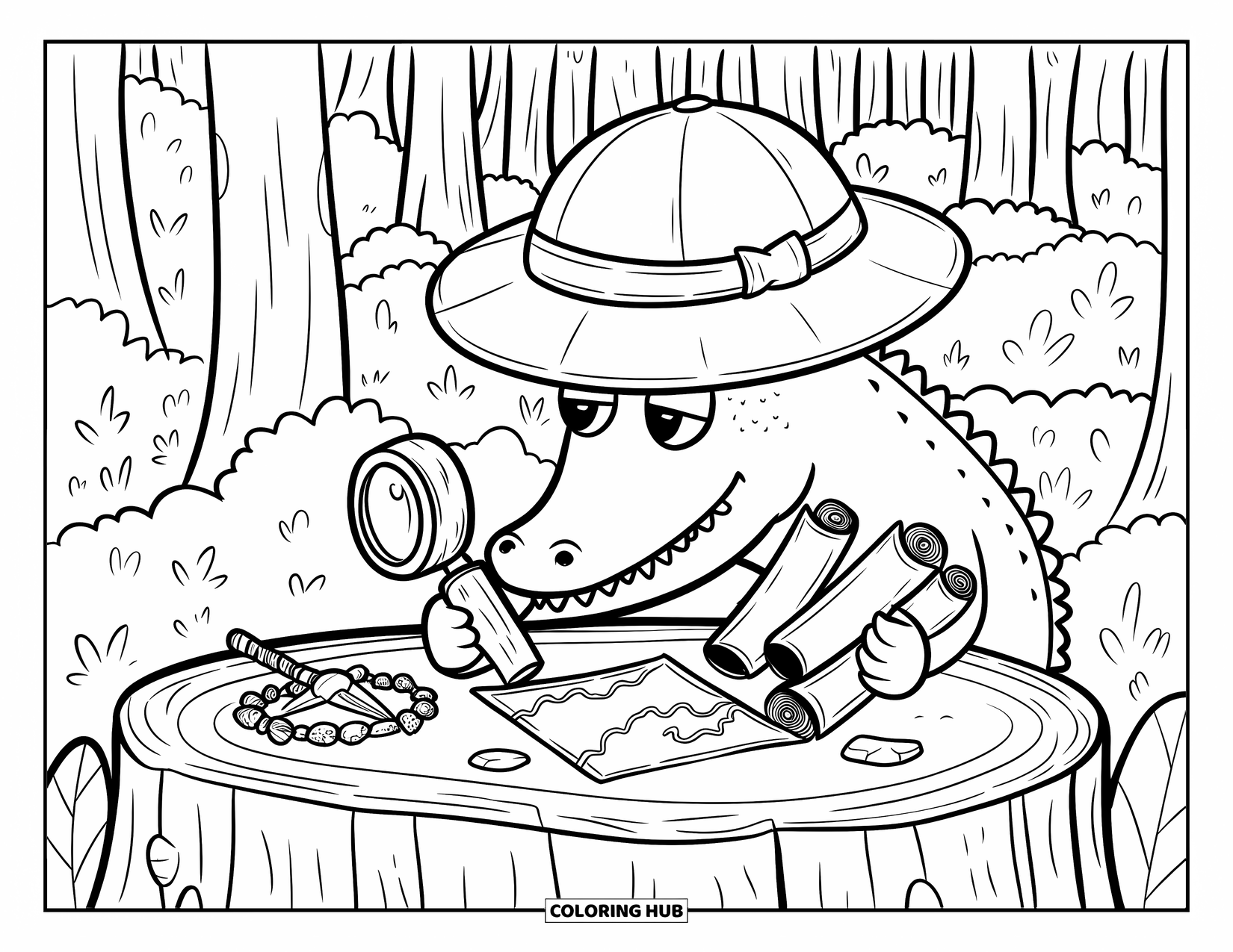 Desenho de crocodilo para colorir para adultos: Crocodilo explorador estuda um mapa do tesouro com uma bússola feita à mão na floresta