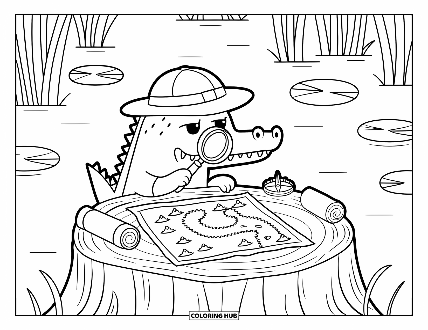 Desenho de crocodilo para colorir para adultos: Crocodilo explorador usa uma lupa para verificar um mapa do tesouro no pântano