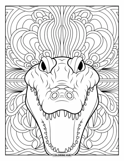 Coloriage de crocodile pour adultes : Un visage de crocodile féroce apparaît avec des spirales détaillées et un arrière-plan rempli de lignes