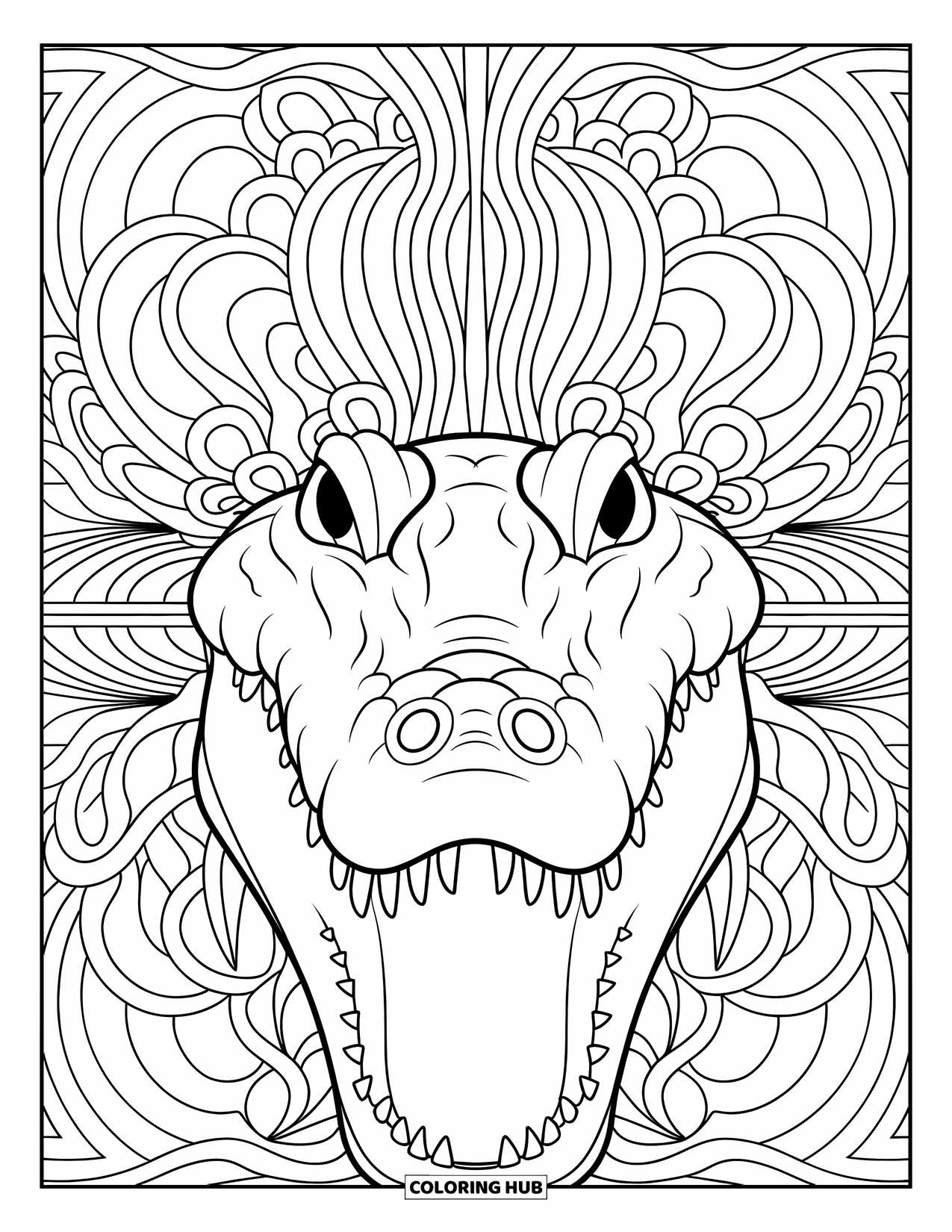 Desenho de crocodilo para colorir para adultos: Rosto de crocodilo feroz aparece com espirais detalhadas e fundo preenchido com linhas
