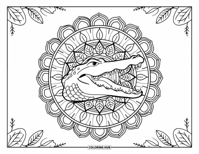 Coloriage de crocodile pour adultes : Un crocodile à la bouche ouverte apparaît à partir d’un mandala avec des feuilles, des fleurs et des formes