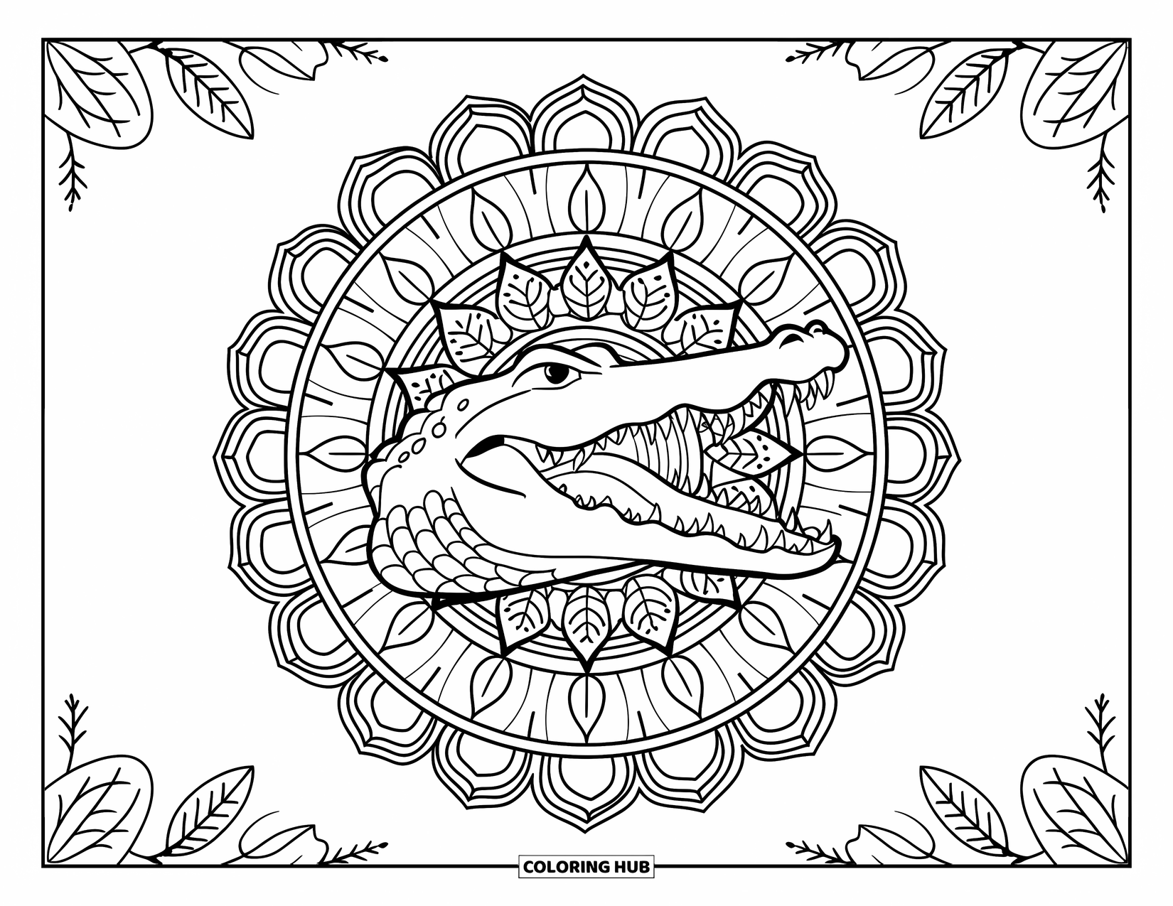 Desenho de crocodilo para colorir para adultos: Crocodilo de boca aberta aparece em uma mandala com folhas, flores e formas