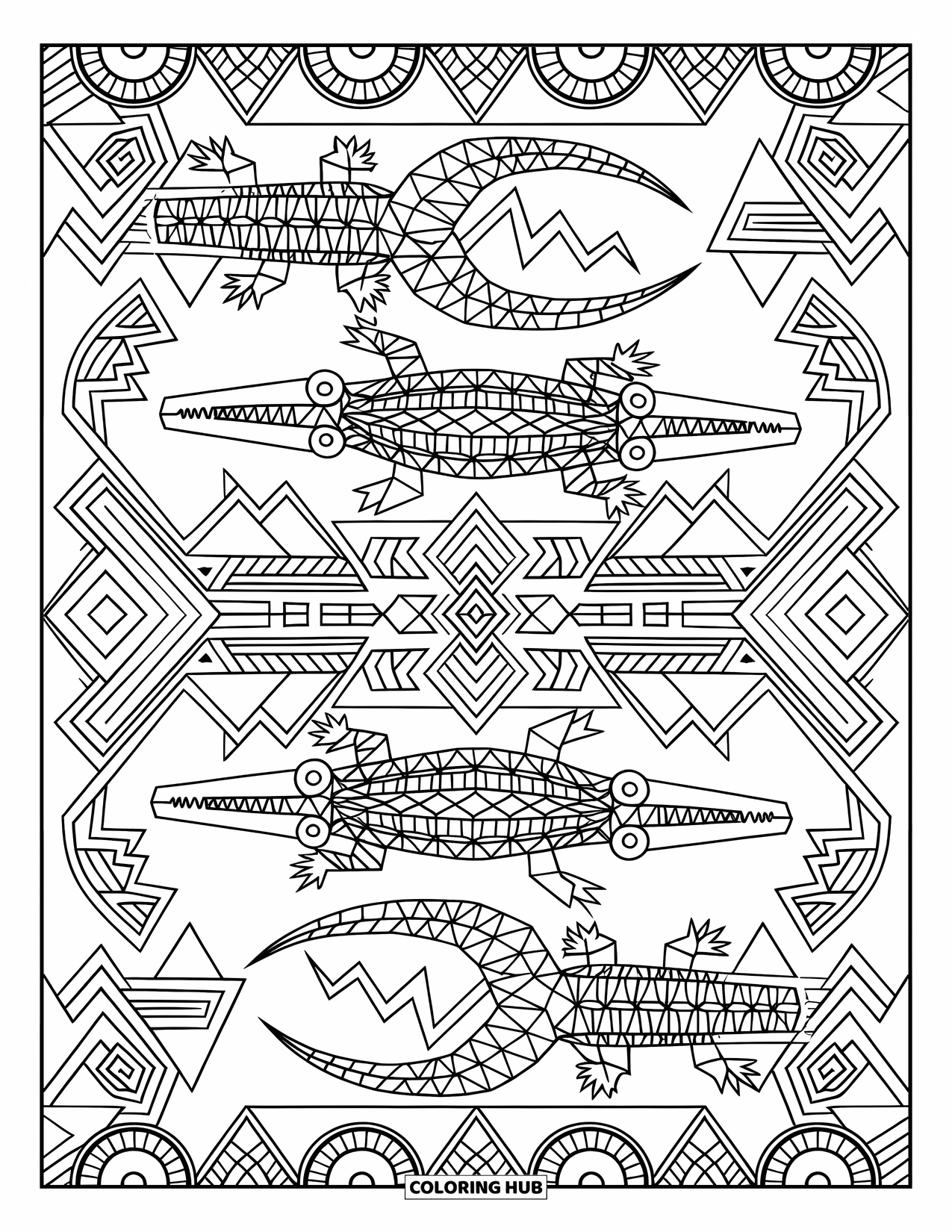 Desenho de crocodilo para colorir para adultos: Formas de crocodilo repetidas se misturam com padrões tribais e geométricos detalhados