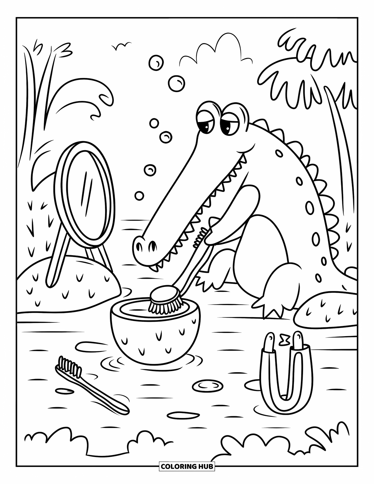 Desenho de Crocodilo para Colorir para Adultos: Crocodilo à beira do rio escova os dentes com bolhas flutuando ao redor e um porta-sapos por perto