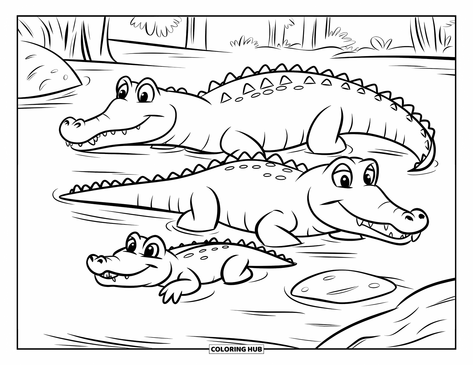 Desenho de Crocodilo para Colorir para Crianças: Um bebê crocodilo segue sua mãe através de um rio cercado por árvores