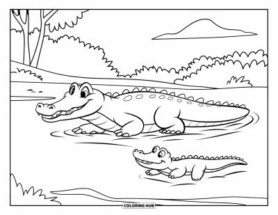 Coloriage Crocodile pour enfants : Un bébé crocodile nage derrière sa maman dans une rivière avec des arbres et des nuages