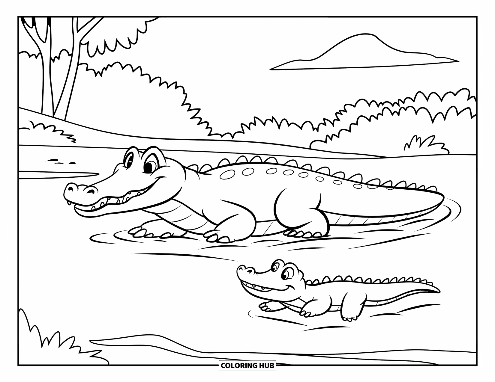Desenho de Crocodilo para Colorir para Crianças: Um bebê crocodilo nada atrás da mãe em um rio com árvores e nuvens