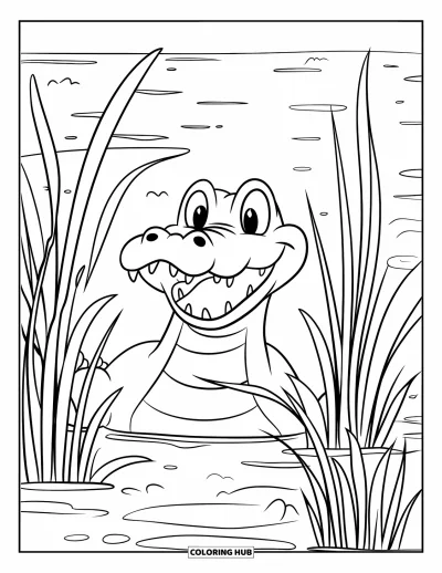 Coloriage Crocodile pour enfants : Un crocodile joyeux sourit derrière de hautes herbes au bord d’un lac calme
