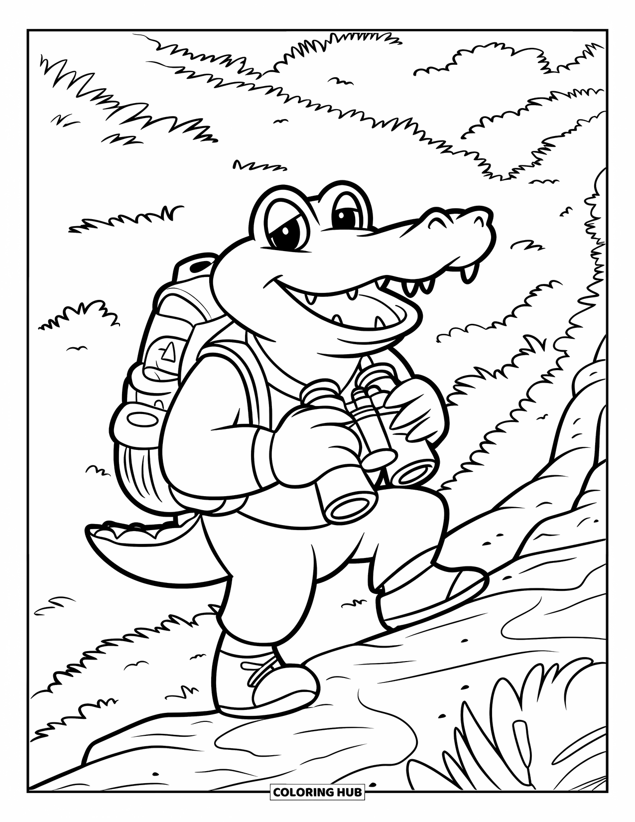 Desenho de Crocodilo para Colorir para Crianças: Um crocodilo alegre caminha com uma mochila por trilhas verdejantes