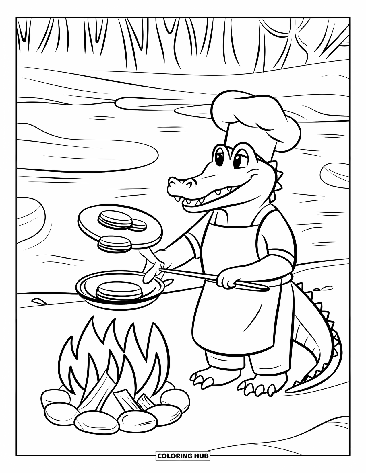 Desenho de Crocodilo para Colorir para Crianças: Um crocodilo chef cozinha panquecas perto de uma fogueira perto de árvores e água