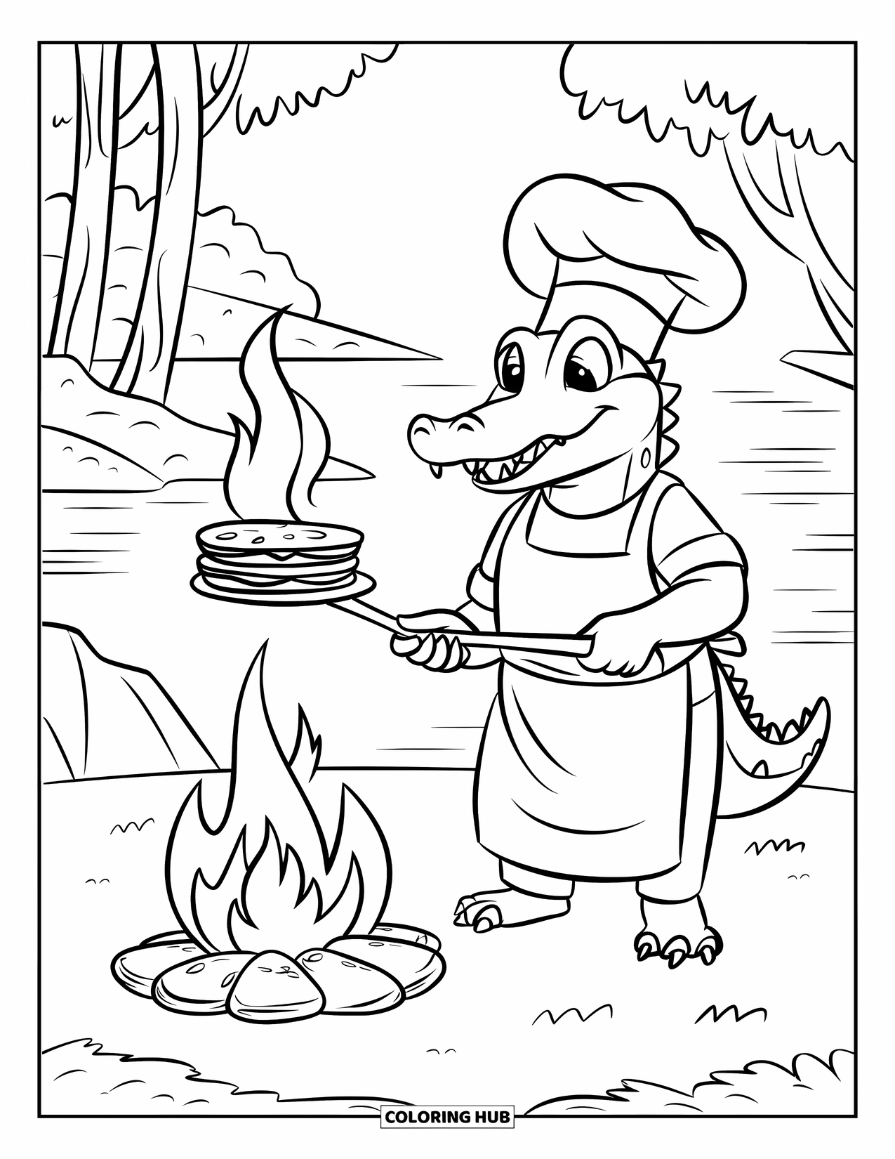 Desenho de Crocodilo para Colorir para Crianças: Um crocodilo chef vira panquecas sobre uma fogueira perto do rio