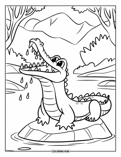 Coloriage Crocodile pour enfants : Un crocodile attrape la pluie perché sur un rocher avec des montagnes derrière