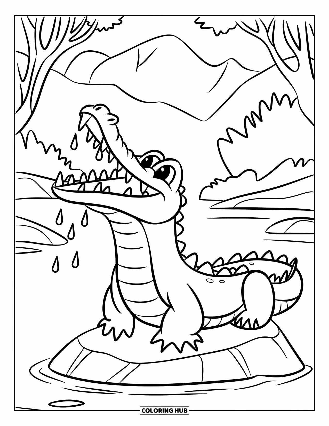 Desenho de Crocodilo para Colorir para Crianças: Um crocodilo pega chuva enquanto está empoleirado em uma pedra com montanhas atrás