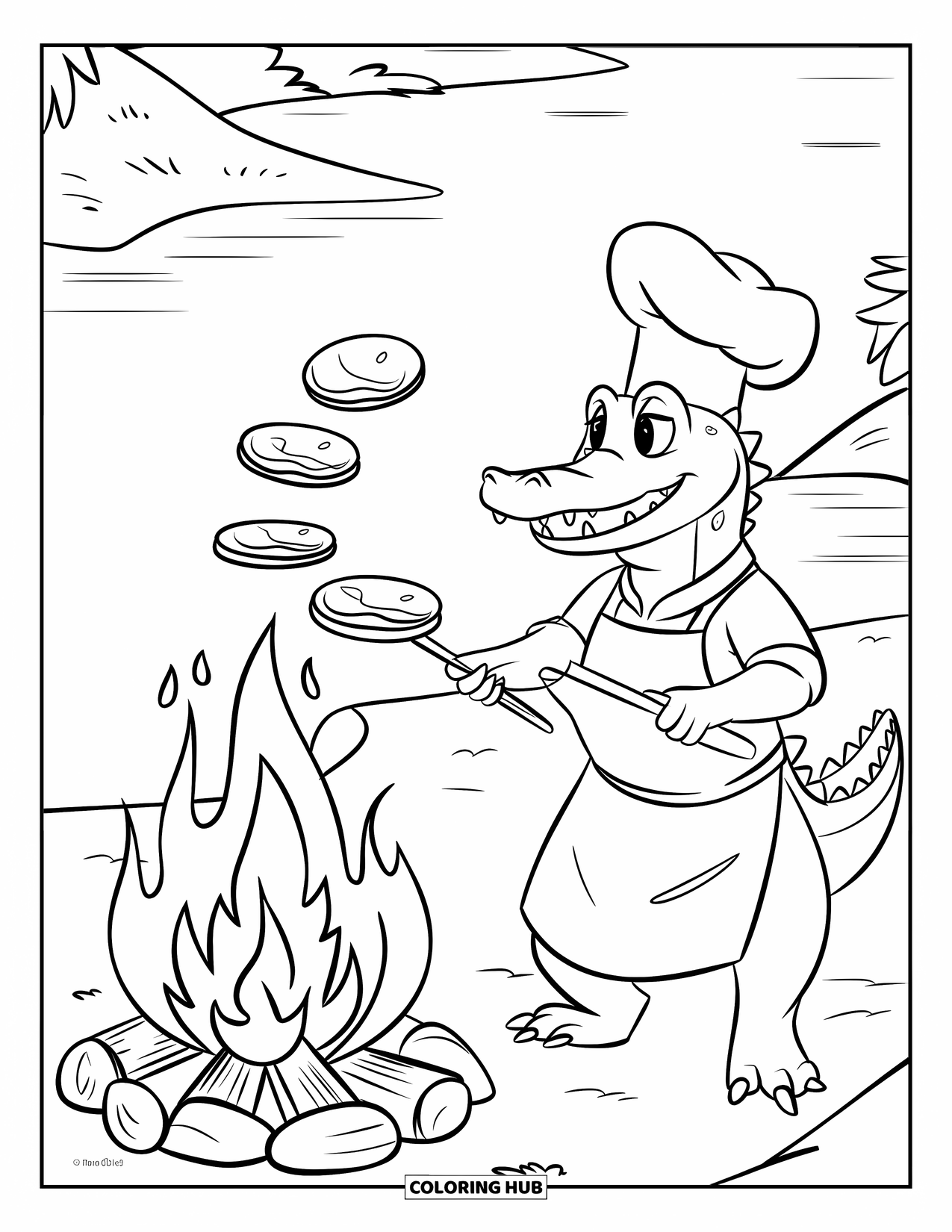 Desenho de Crocodilo para Colorir para Crianças: Um crocodilo chef vira panquecas no alto de um rio com chamas altas por perto