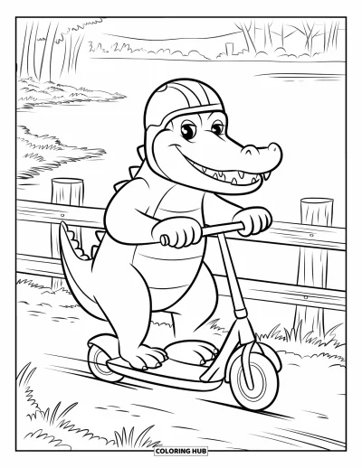 Coloriage Crocodile pour enfants : Un crocodile sillonne un sentier marécageux en trottinette près d’arbres et de clôtures