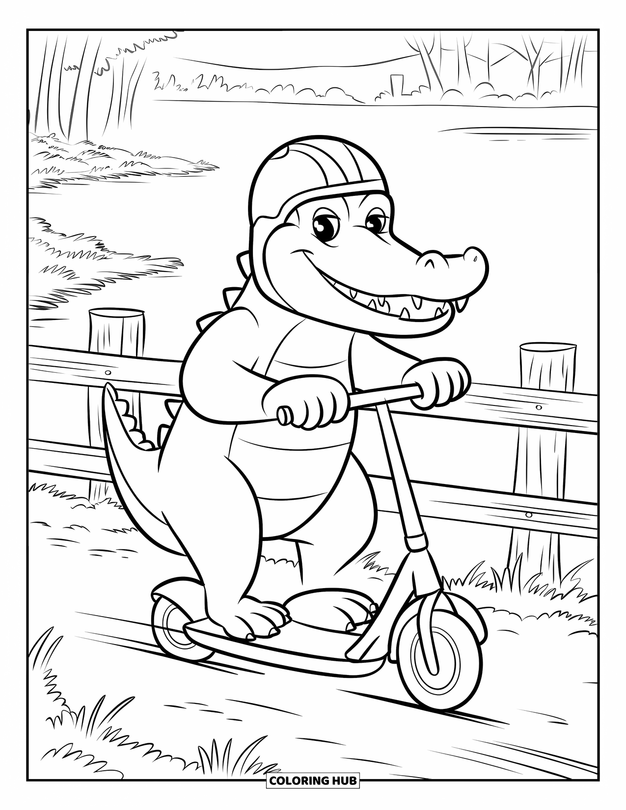 Desenho de Crocodilo para Colorir para Crianças: Um crocodilo passeia por uma trilha pantanosa em uma scooter perto de árvores e cercas