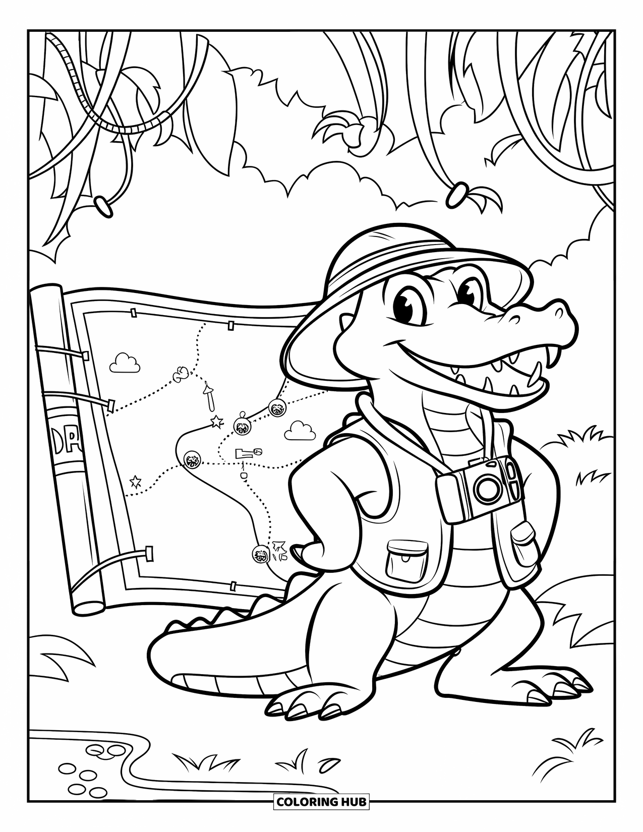 Desenho de Crocodilo para Colorir para Crianças: Um crocodilo explorador segura uma bengala ao lado de um mapa da selva e insetos