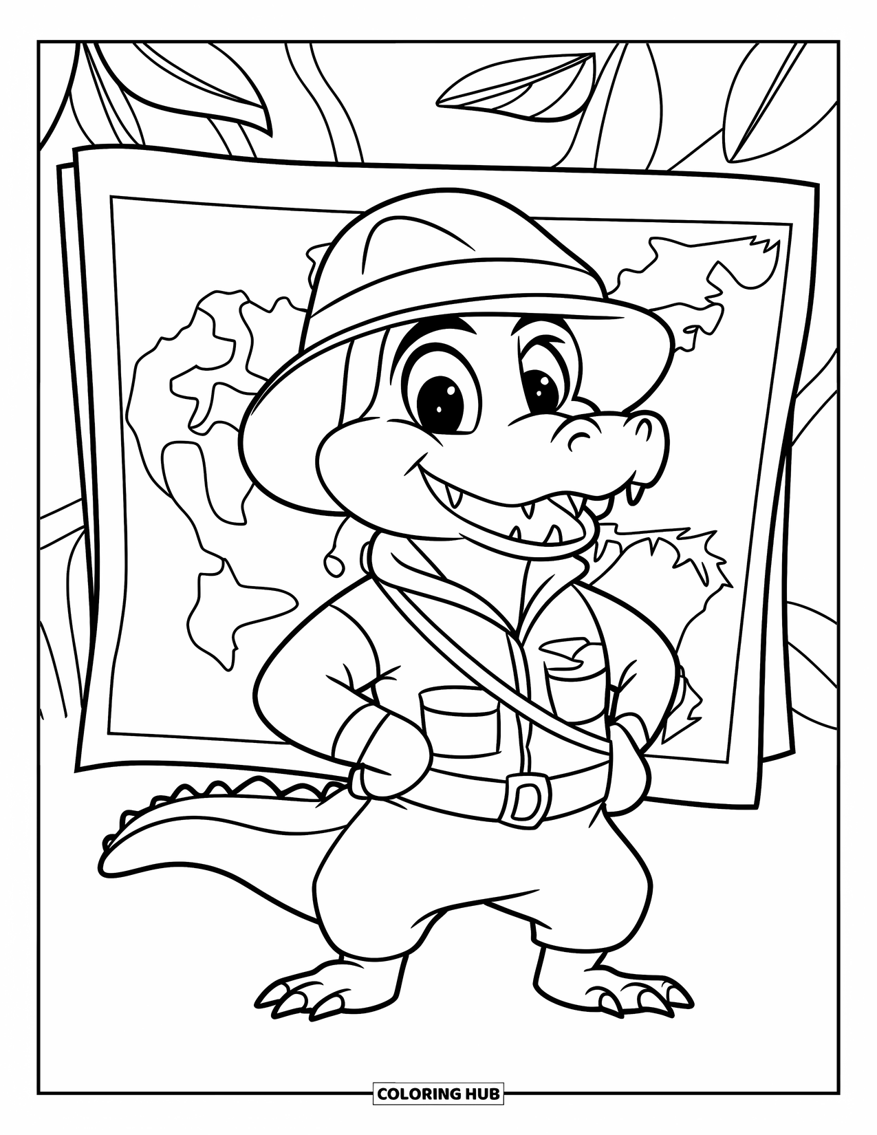 Desenho de Crocodilo para Colorir para Crianças: Um crocodilo explorador está perto de um mapa da selva entre árvores e cipós
