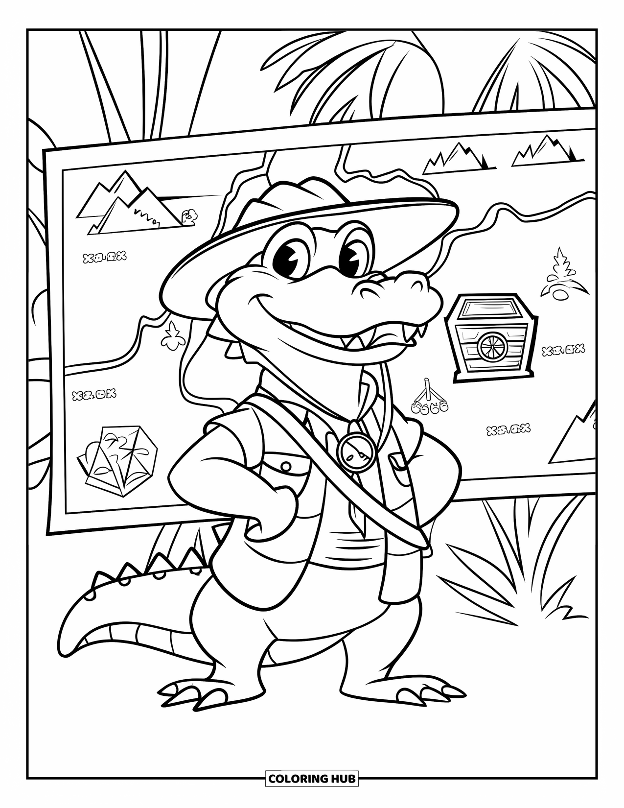 Desenho de Crocodilo para Colorir para Crianças: Um crocodilo explorador com equipamento estuda um mapa da selva marcado com um tesouro