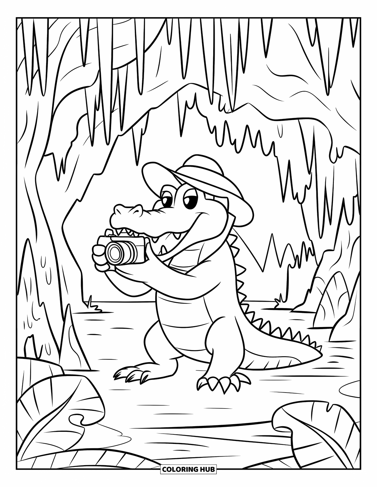 Desenho de Crocodilo para Colorir para Crianças: Um crocodilo explora uma caverna escondida e tira fotos de suas maravilhas rochosas