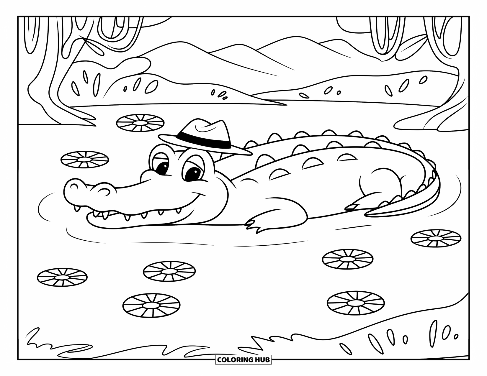 Desenho de Crocodilo para Colorir para Crianças: Um crocodilo flutua em um lago cercado por flores e sorri alegremente