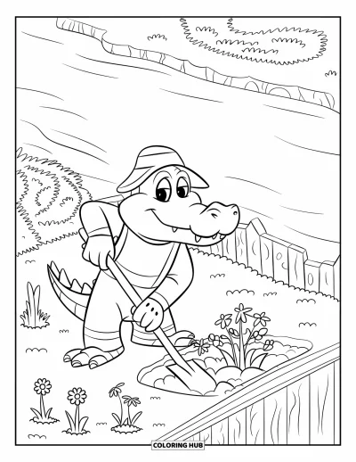 Coloriage Crocodile pour enfants : Un crocodile jardinier creuse avec une pelle dans un jardin au bord de la rivière avec une clôture