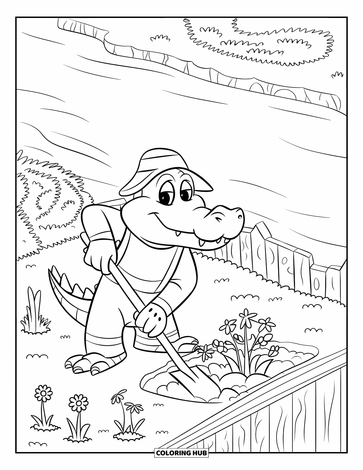 Desenho de Crocodilo para Colorir para Crianças: Um crocodilo jardineiro cava com uma pá em um jardim ribeirinho com uma cerca