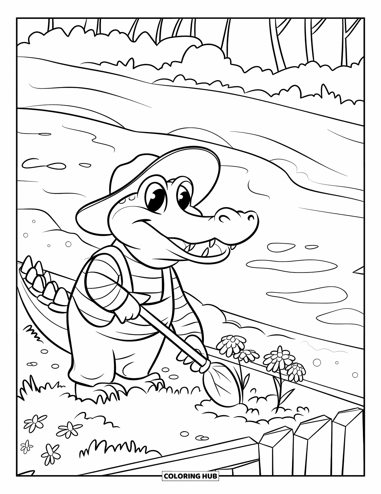 Desenho de Crocodilo para Colorir para Crianças: Um crocodilo jardineiro planta flores perto de um rio, usando uma camisa listrada e um chapéu