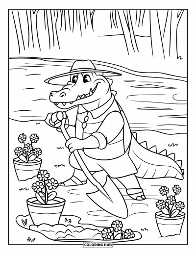 Coloriage Crocodile pour enfants : Un crocodile jardinier avec une pelle travaille dans un jardin au bord de la rivière rempli de fleurs