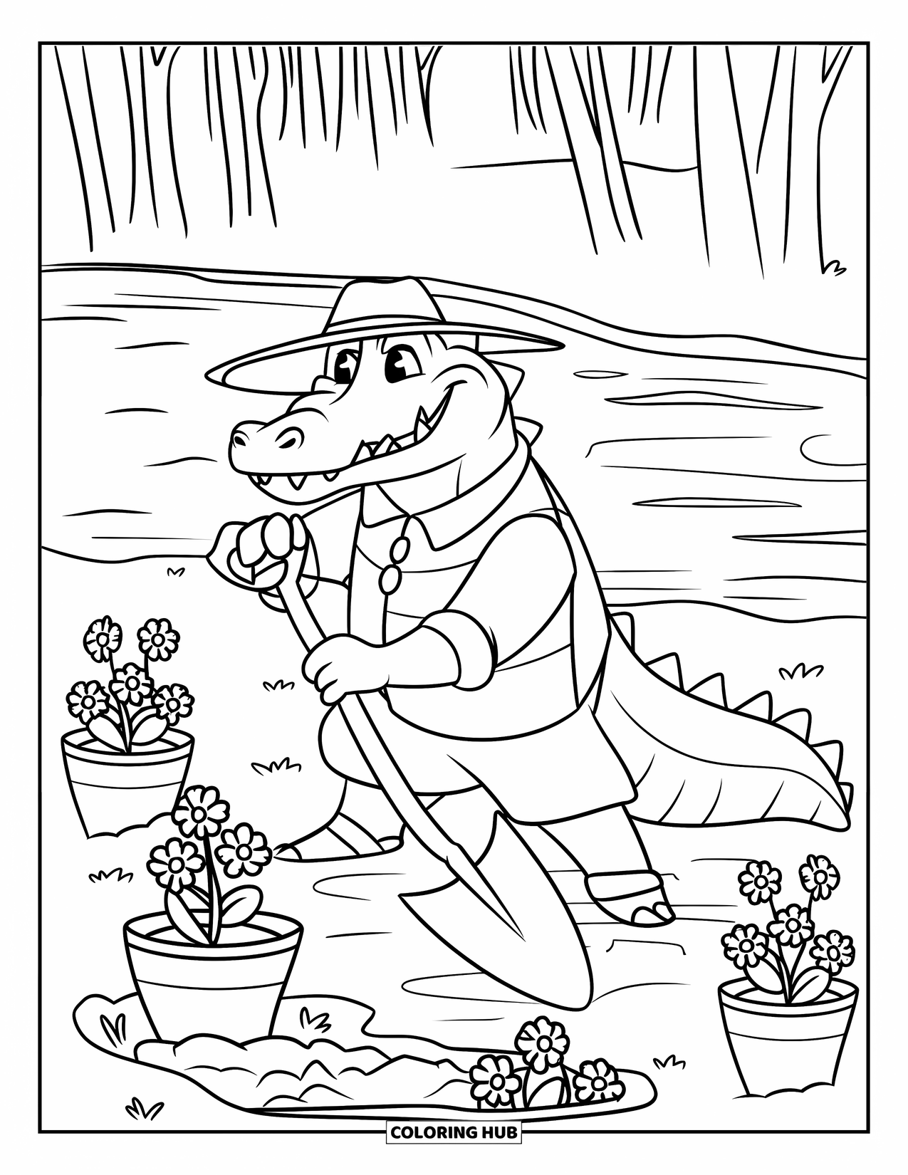 Desenho de Crocodilo para Colorir para Crianças: Um crocodilo jardineiro com uma pá trabalha em um jardim florido à beira do rio