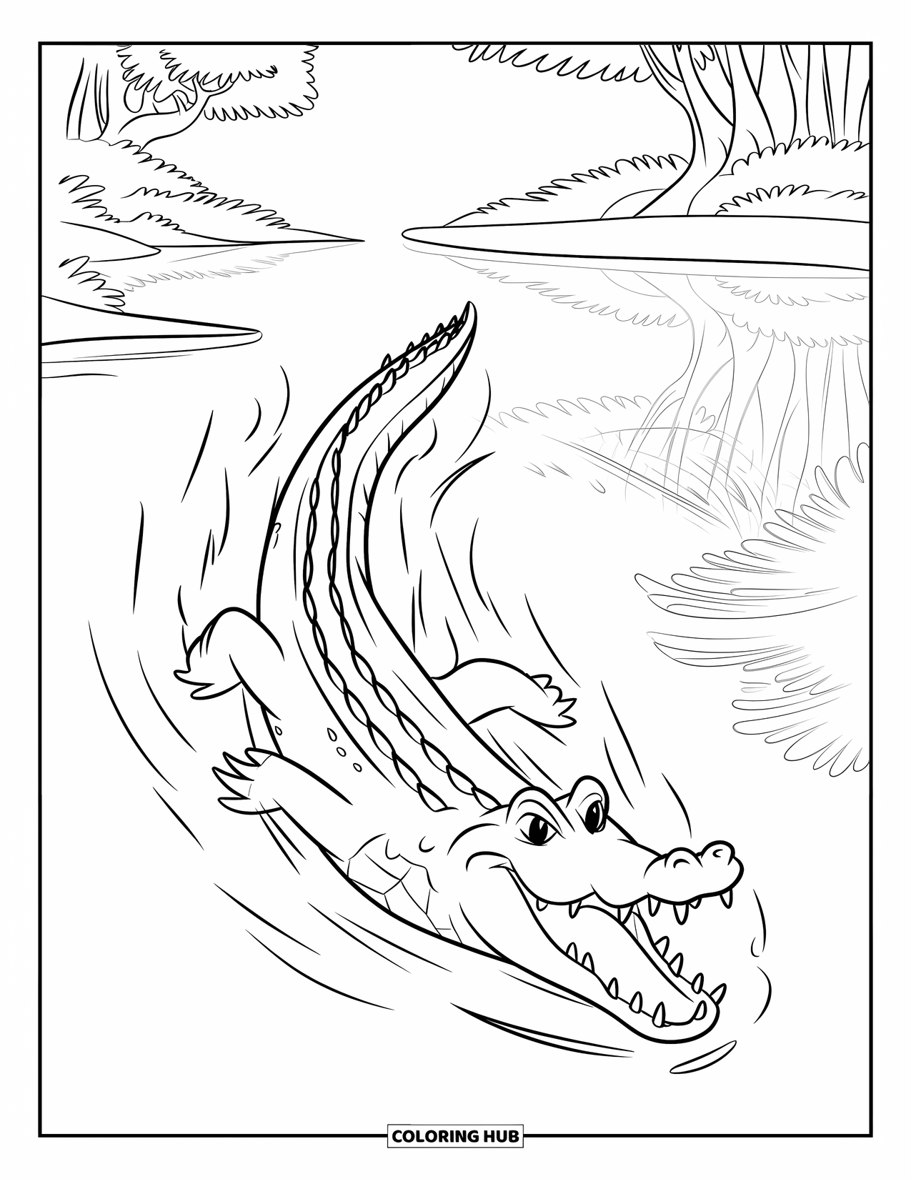 Desenho de Crocodilo para Colorir para Crianças: Um crocodilo desliza por águas claras da selva sob árvores altas e cipós