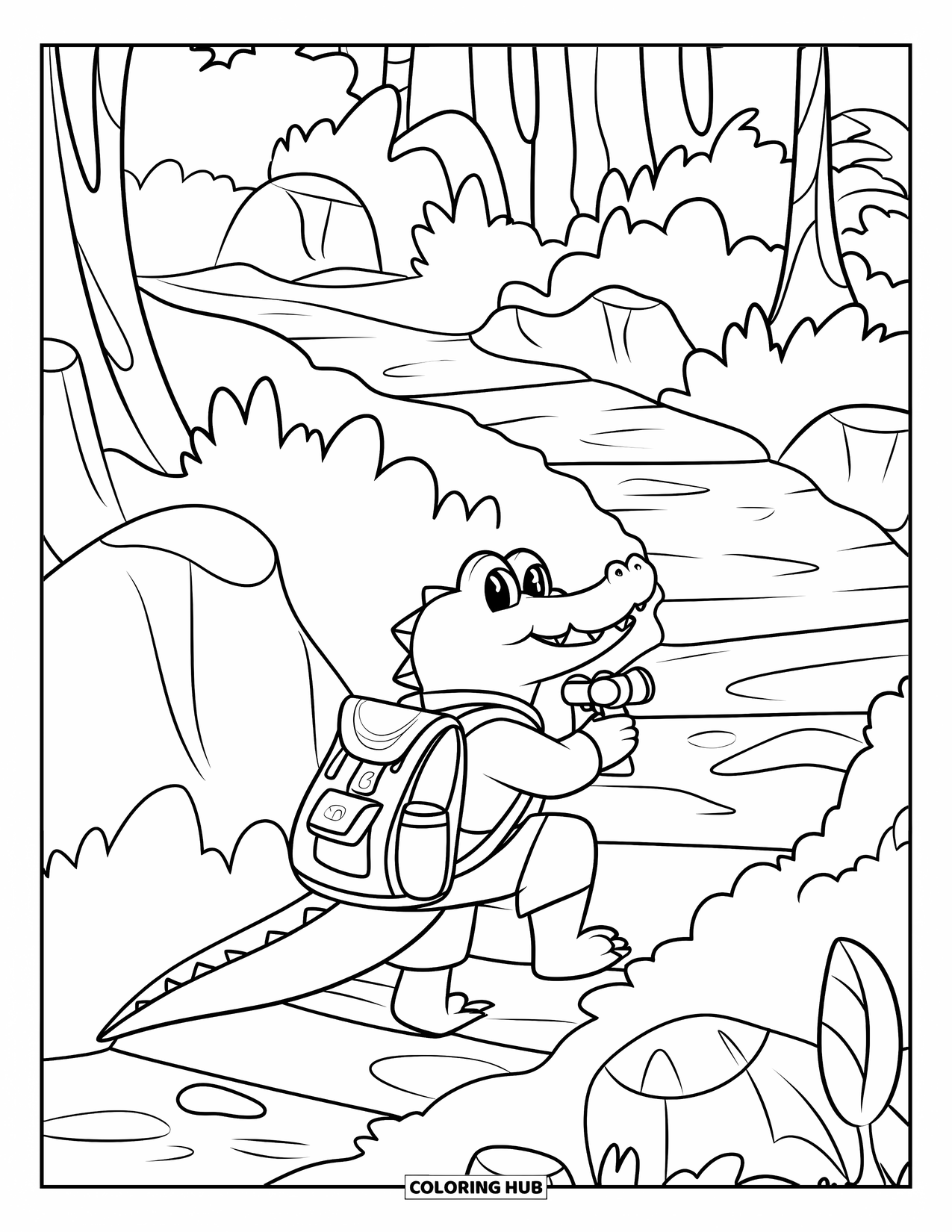Desenho de Crocodilo para Colorir para Crianças: Um crocodilo caminha por um caminho rochoso com binóculos e uma mochila