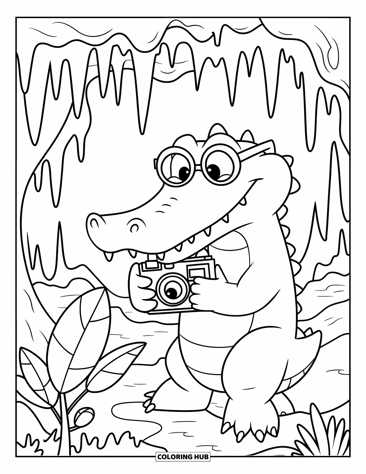 Desenho de Crocodilo para Colorir para Crianças: Um crocodilo segura uma câmera na boca enquanto explora uma caverna na selva