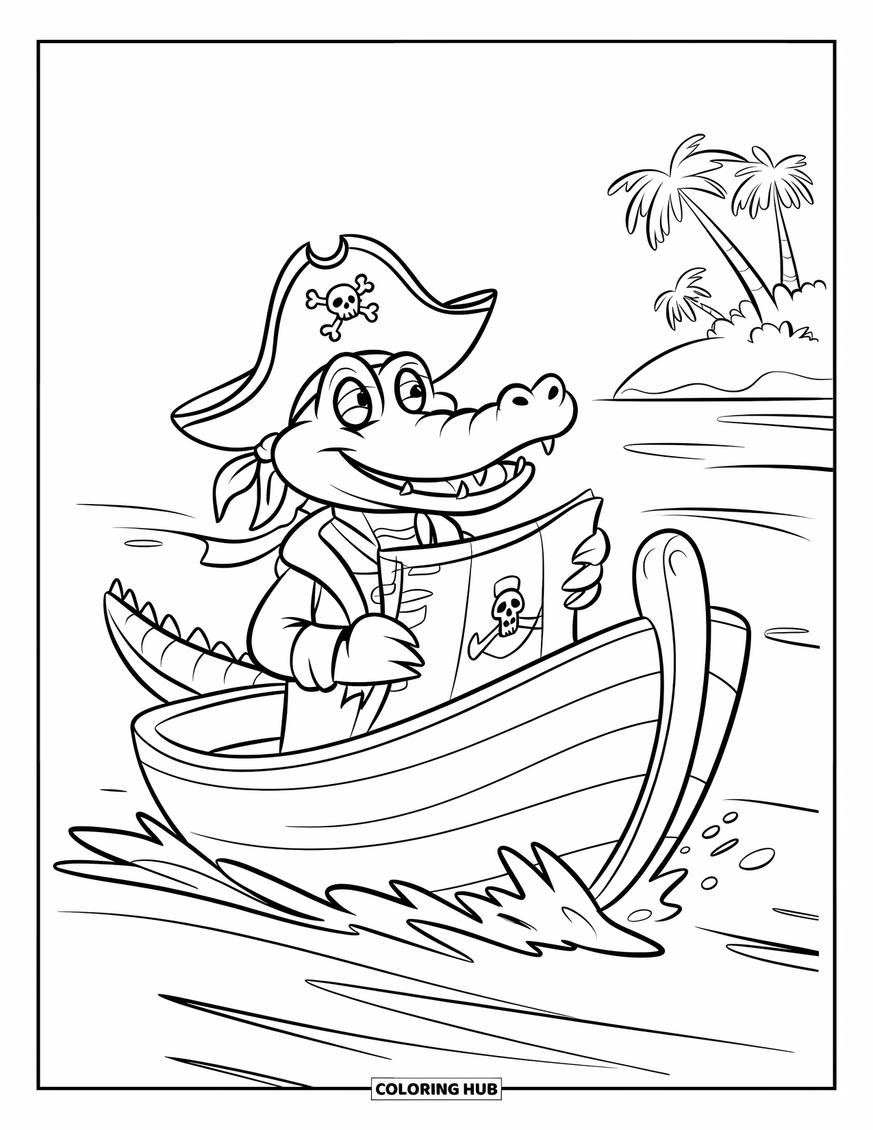Desenho de Crocodilo para Colorir para Crianças: Um crocodilo com um chapéu e bandana dirige um barco em águas piratas agitadas