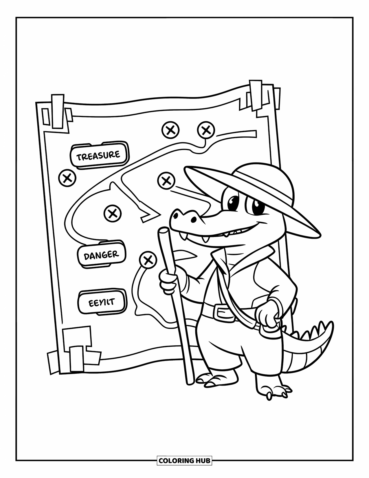 Desenho de Crocodilo para Colorir para Crianças: Um crocodilo com um capacete aponta para um mapa marcado com “Tesouro” e “Saída”