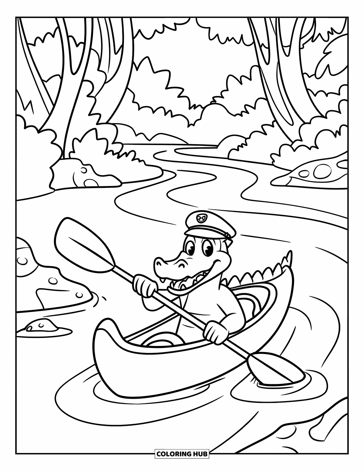 Desenho de Crocodilo para Colorir para Crianças: Um crocodilo em um caiaque rema por pedras, árvores e margens de rios