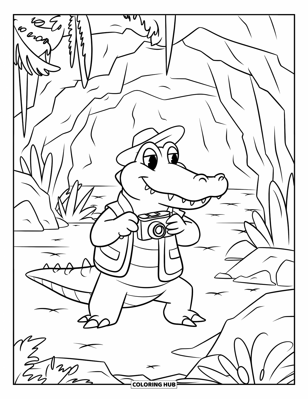 Desenho de Crocodilo para Colorir para Crianças: Um crocodilo de colete tira fotos de cavernas perto de plantas e uma entrada rochosa