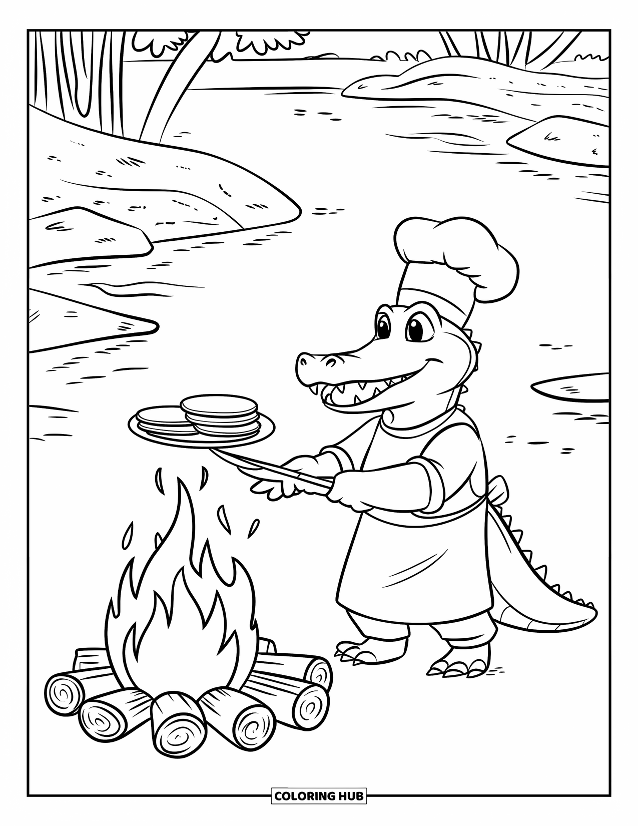Desenho de Crocodilo para Colorir para Crianças: Um crocodilo de avental vira panquecas ao lado de uma fogueira com toras e rio