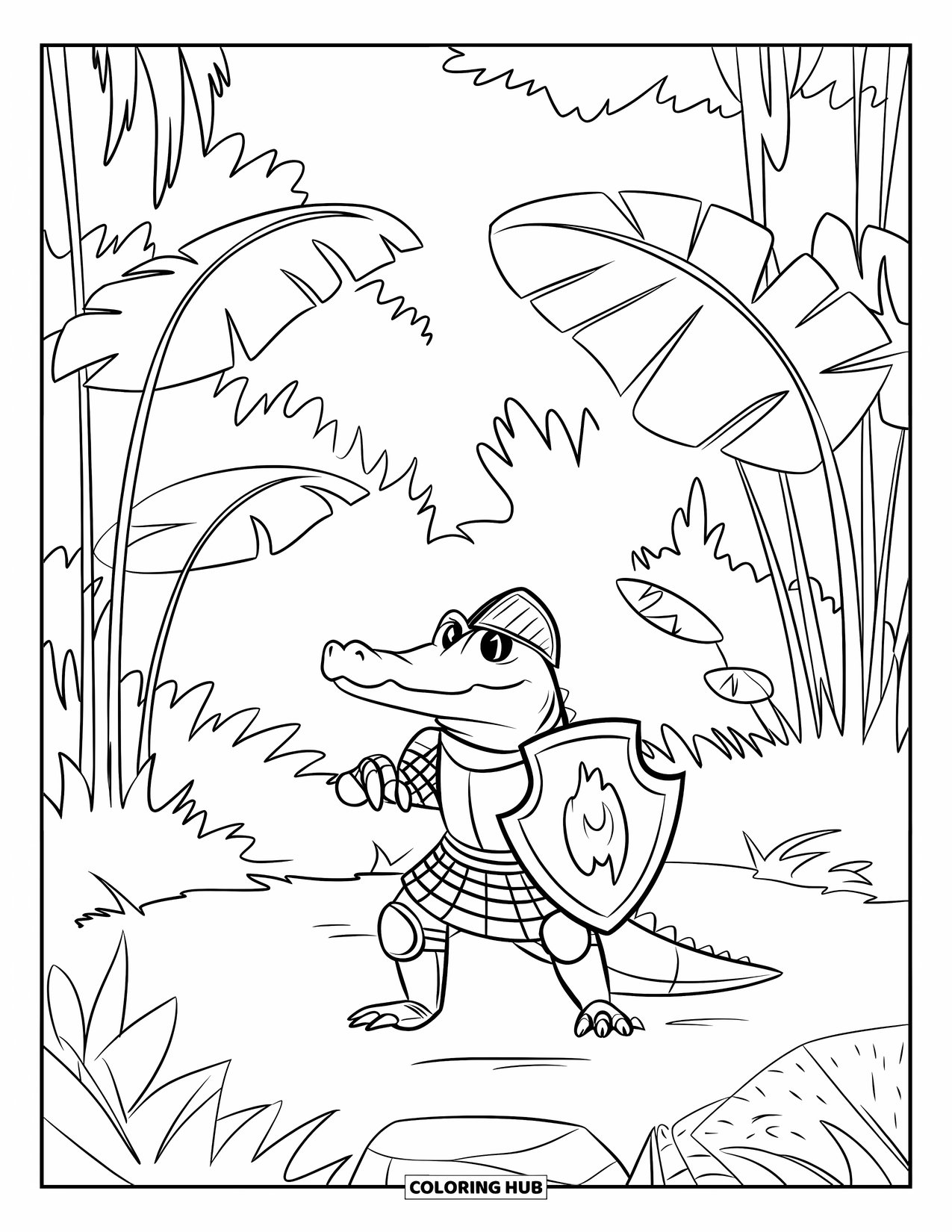 Desenho de Crocodilo para Colorir para Crianças: Um crocodilo de armadura está em uma pedra em uma clareira com folhas grandes