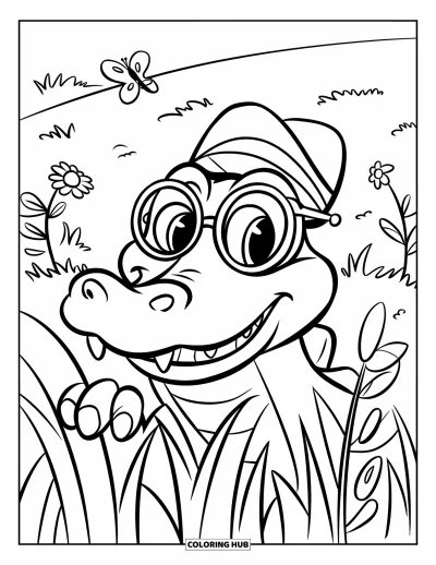 Coloriage Crocodile pour enfants : Un crocodile avec des lunettes et un chapeau regarde à travers de hautes herbes avec des papillons à proximité