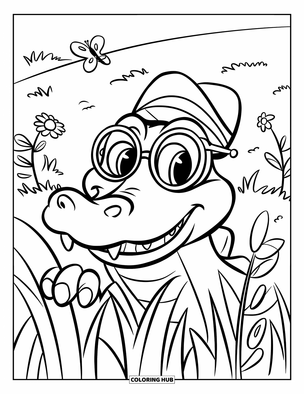Desenho de Crocodilo para Colorir para Crianças: Um crocodilo de óculos e chapéu espreita através da grama alta com borboletas por perto